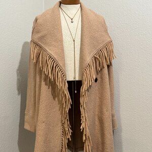 Tahari Camel Wool Coatigan Wrap Jacket XL Fringe Western Style Cozy Cabin Lodge